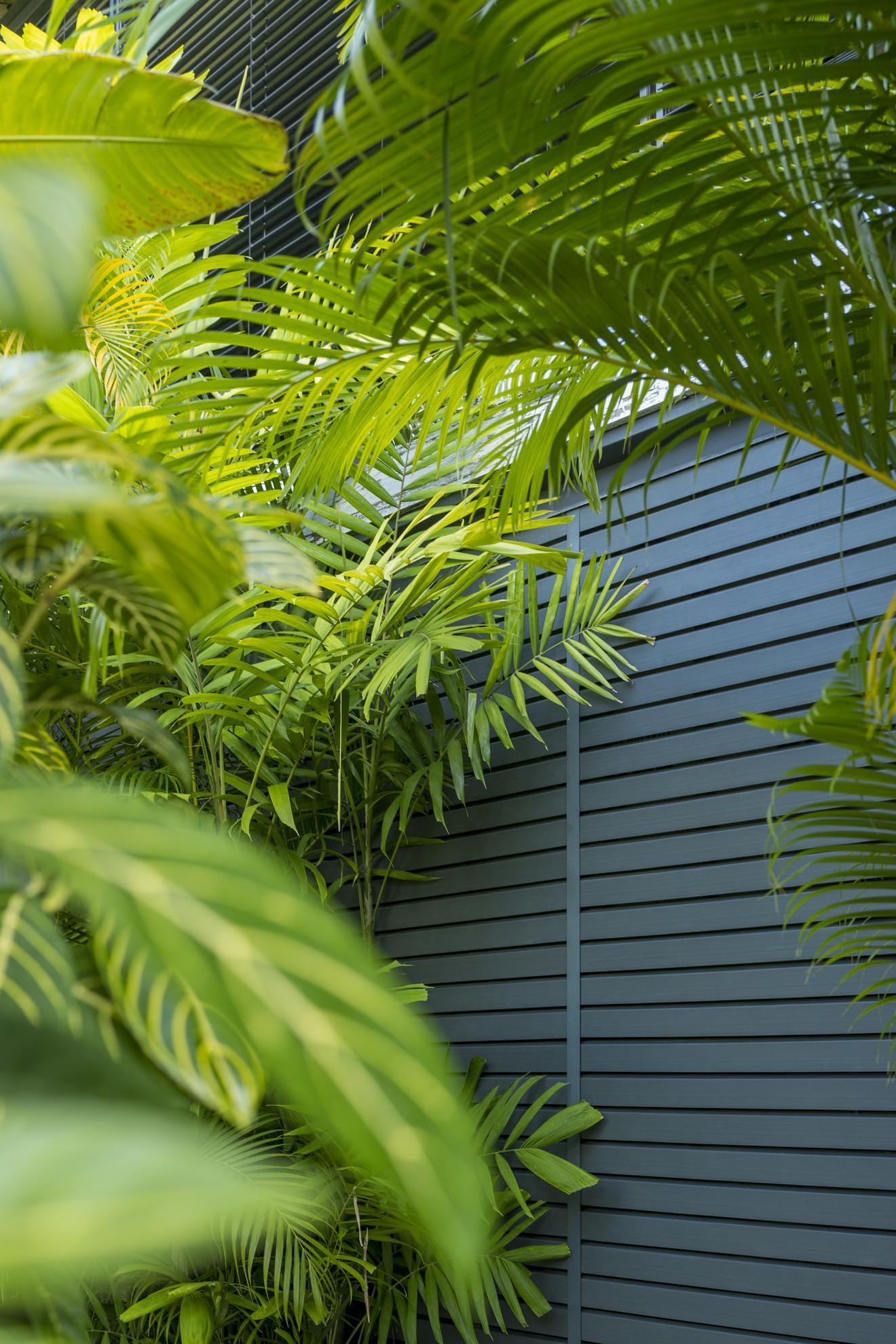 Rivestimento a listelli Silvadec inserito in un ambiente vegetale, che illustra l'effetto visivo dei profili che creano giochi di ombra e luce offrendo una facciata moderna e dinamica